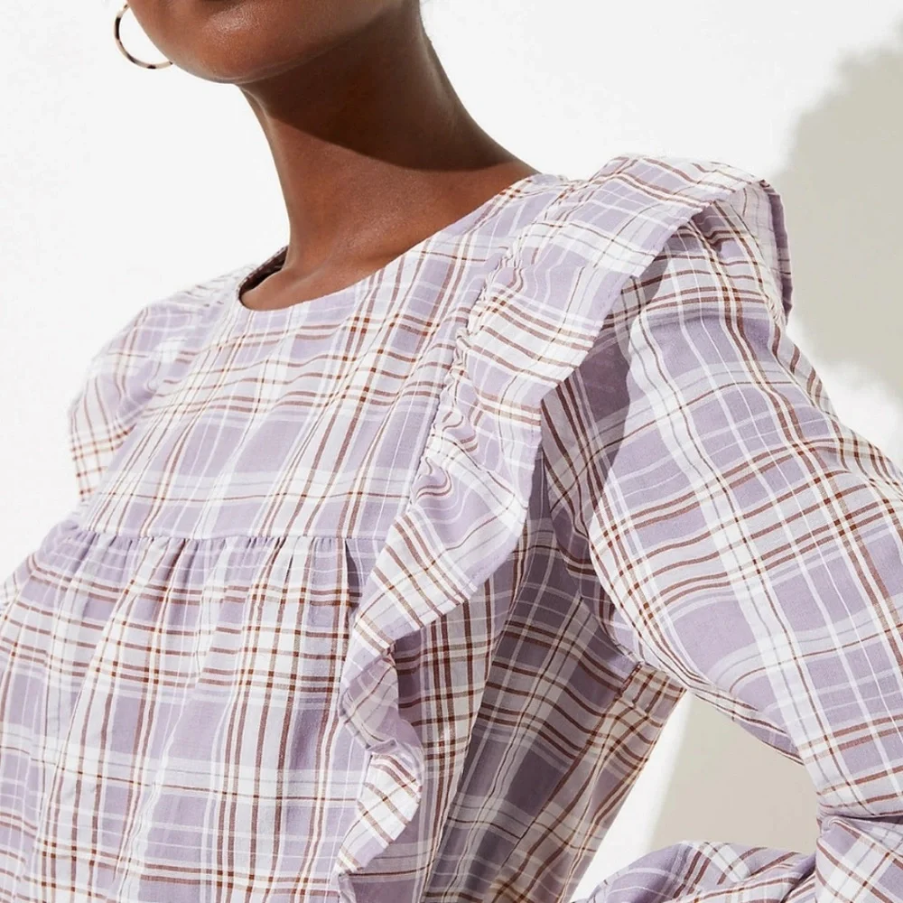 LOFT Lavender Plaid Ruffle Long Sleeve Top NEW NWT Med